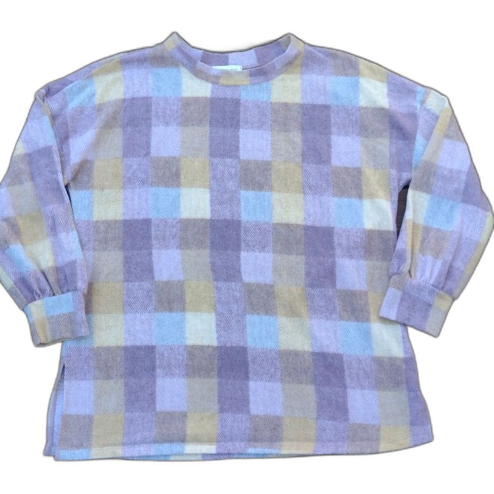 First Love by Lovelyn Lilac Gold Long Sleeve Soft Checkered Top Size Large